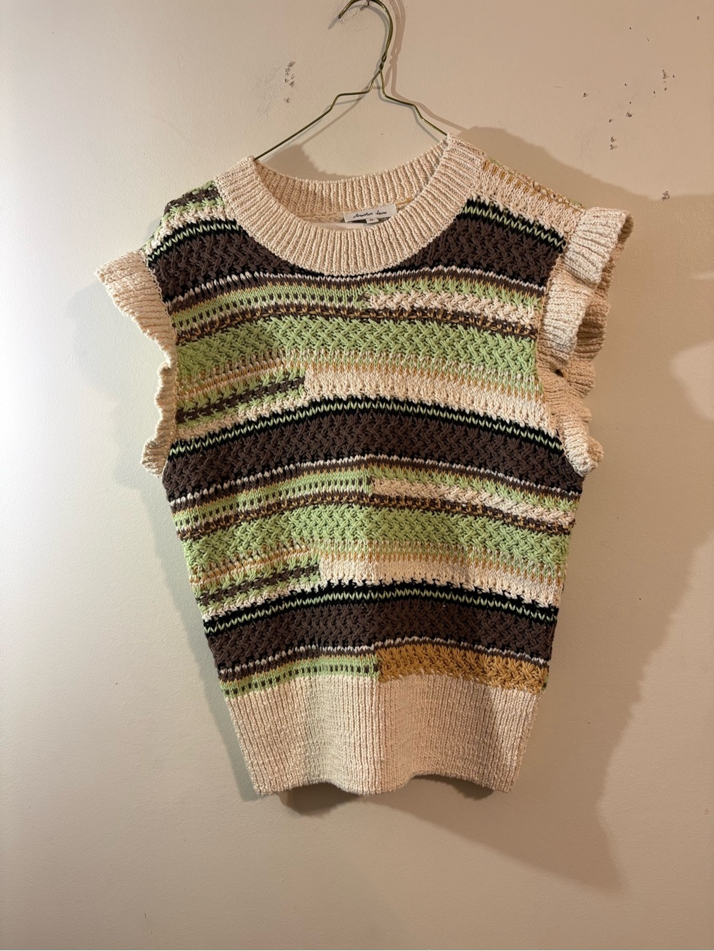 Another Love sweater women’s medium knit ruffle sleeve cream brown green texture